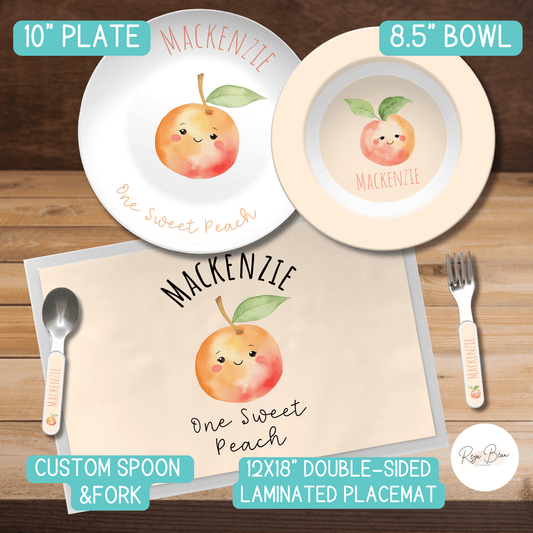 Custom One Sweet Peach Unbreakable BPA-Free Kids Dinnerware Set, Kid's Name Bowl Placemat Silverware, Dining Set Place Setting for Child