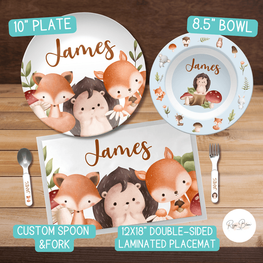 Custom Woodland Animals BPA-Free Kids Dinnerware Set - Plate Bowl Placemat Fork and Spoon