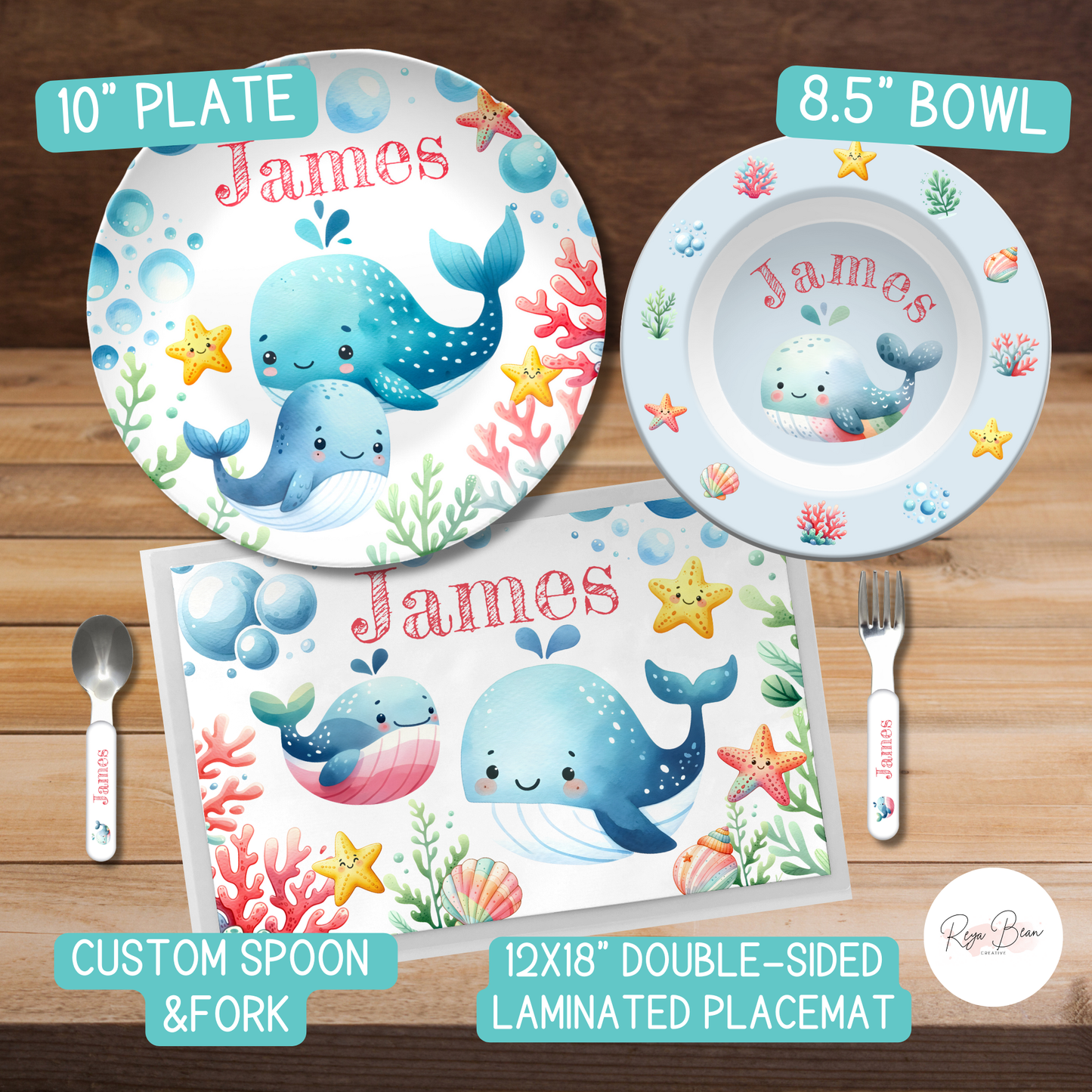 Custom Ocean Dining Set for Child, Plate Bowl Placemat Fork Spoon, Under the Sea Theme Whale Unbreakable Set, BPA-Free Kids' Dining Set