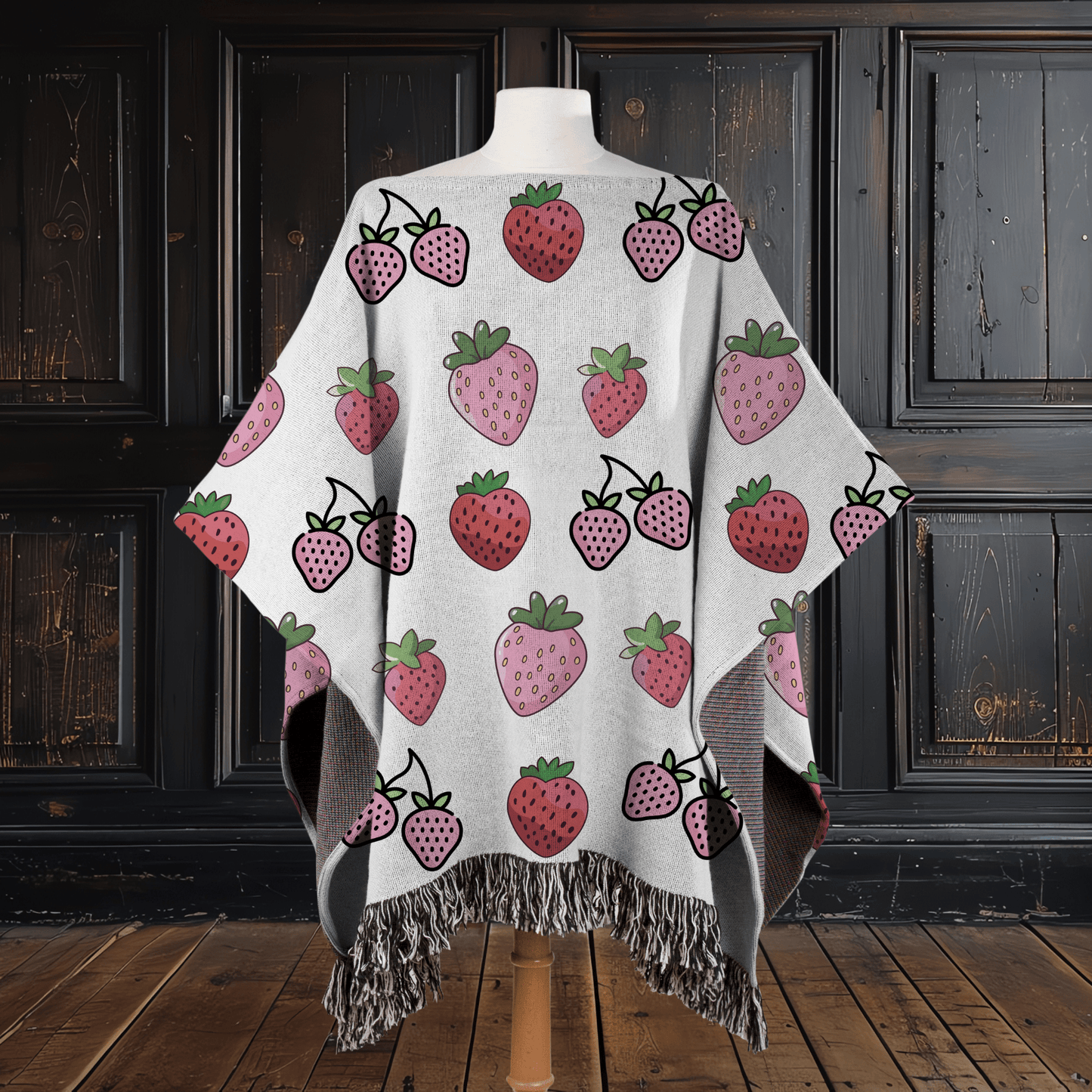 Cute Strawberry 50" x 60" Cotton Woven Pullover Poncho with Fringe