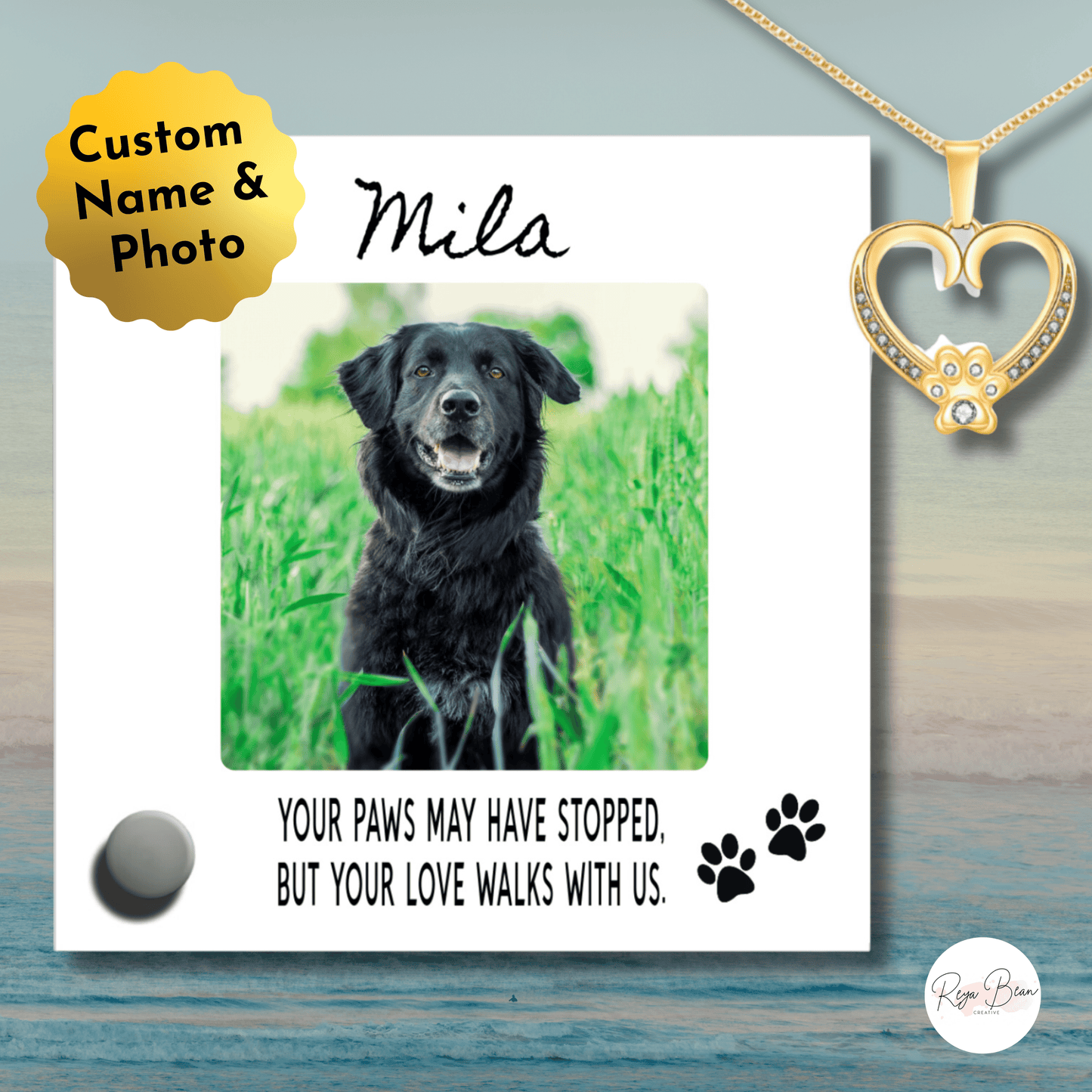 Custom Name Pet Portrait Memorial Gift, Personalized Loss Necklace Bundle with Stand, 24k Gold Paw Heart Pendant Lumenglass Message Stand