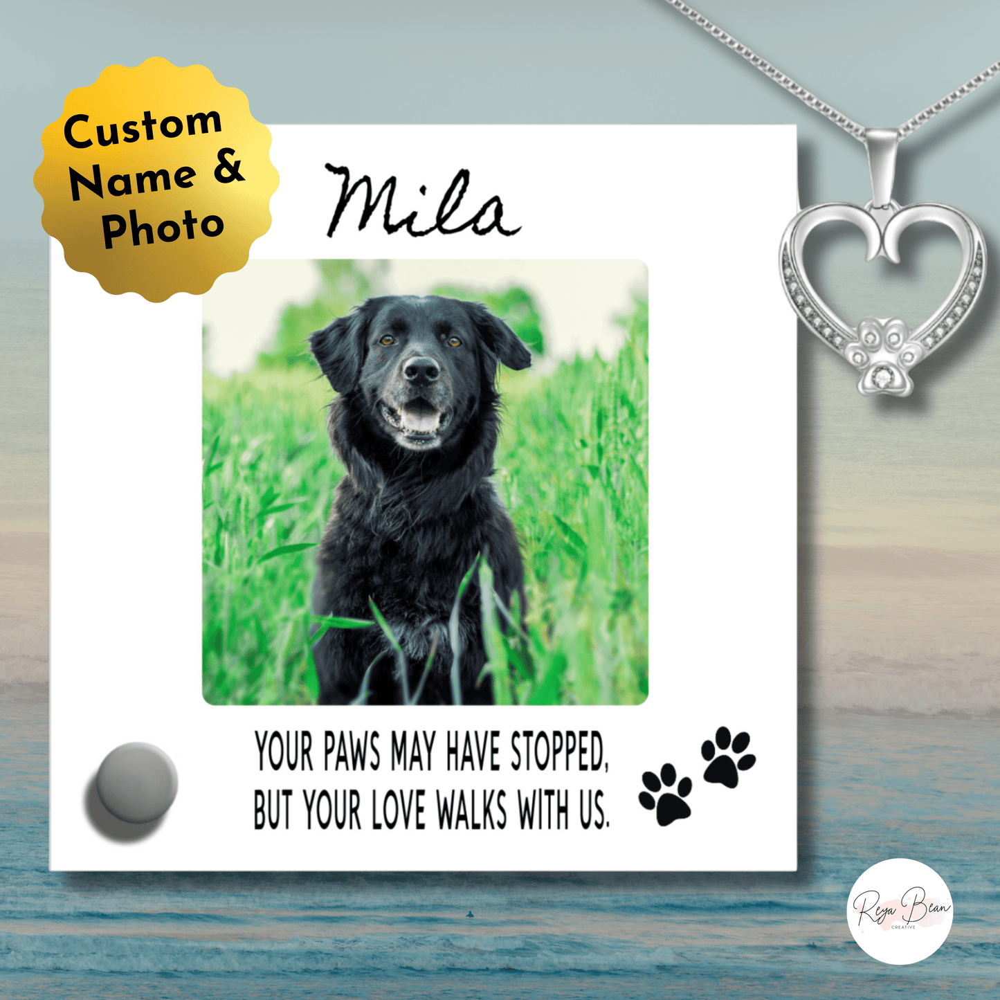 Custom Name Pet Portrait Memorial Gift, Personalized Loss Necklace Bundle with Stand, 24k White Gold Paw Heart Pendant Lumenglass Message Stand