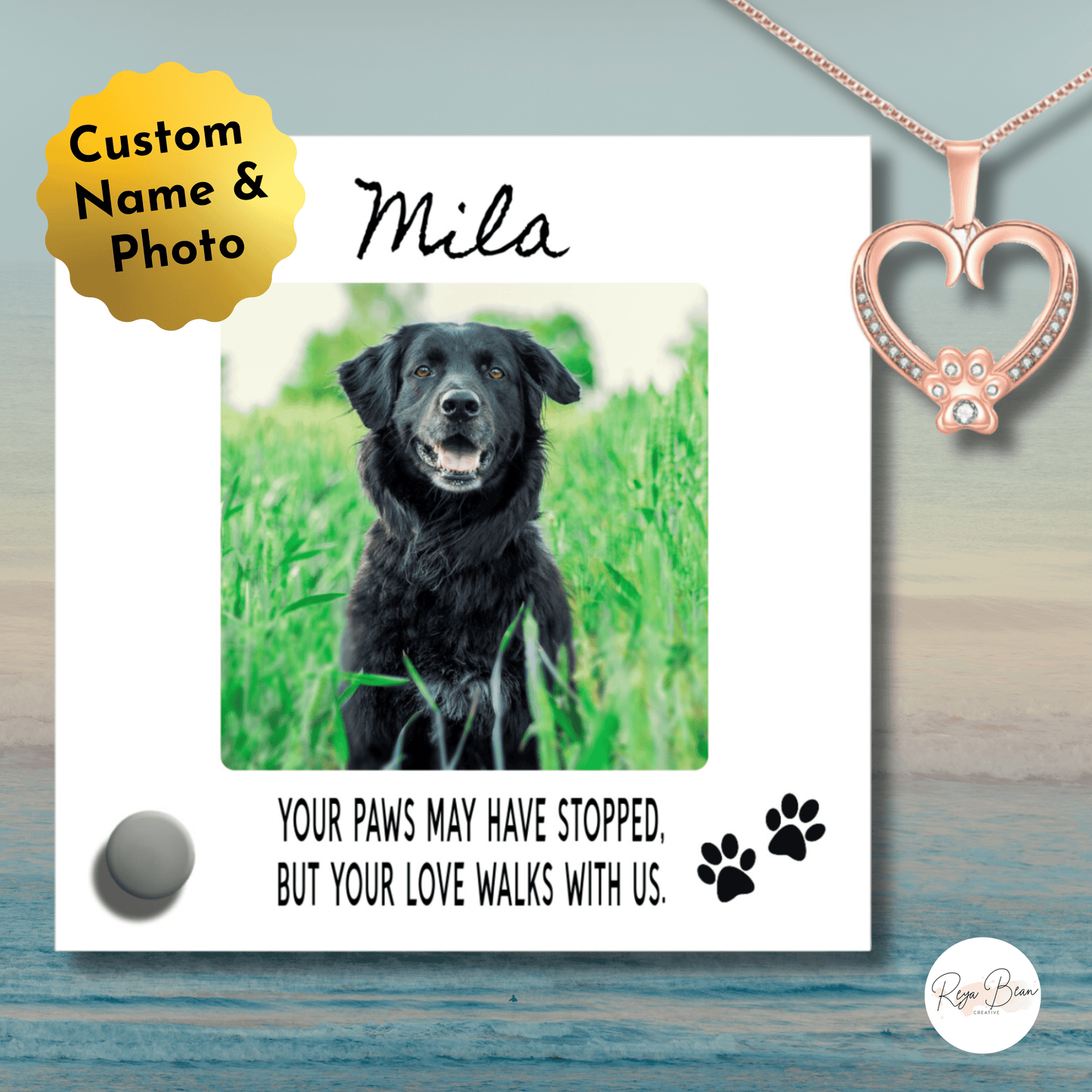 Custom Name Pet Portrait Memorial Gift, Personalized Loss Necklace Bundle w Stand, 18k Rose Gold Paw Heart Pendant Lumenglass Message Stand