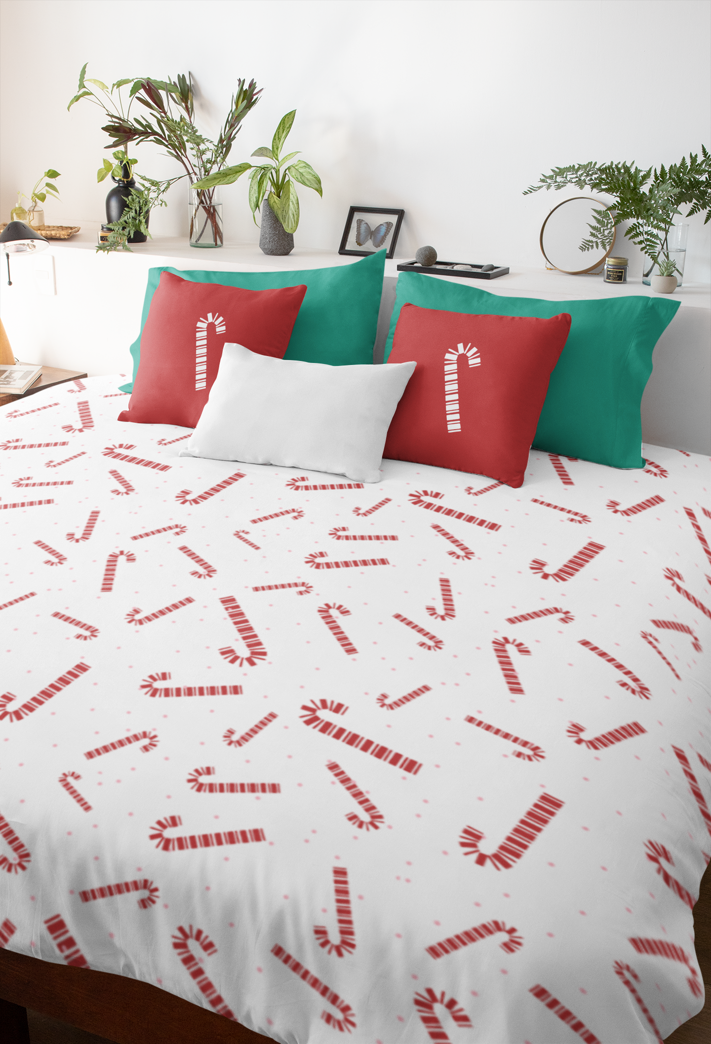 Candy Cane Christmas Duvet Cover Bedding Set, Cute Xmas Season 5 Piece Pillow Sham, Cotton Ruffle Scalloped Piped Edge Bed Set Gift for Her