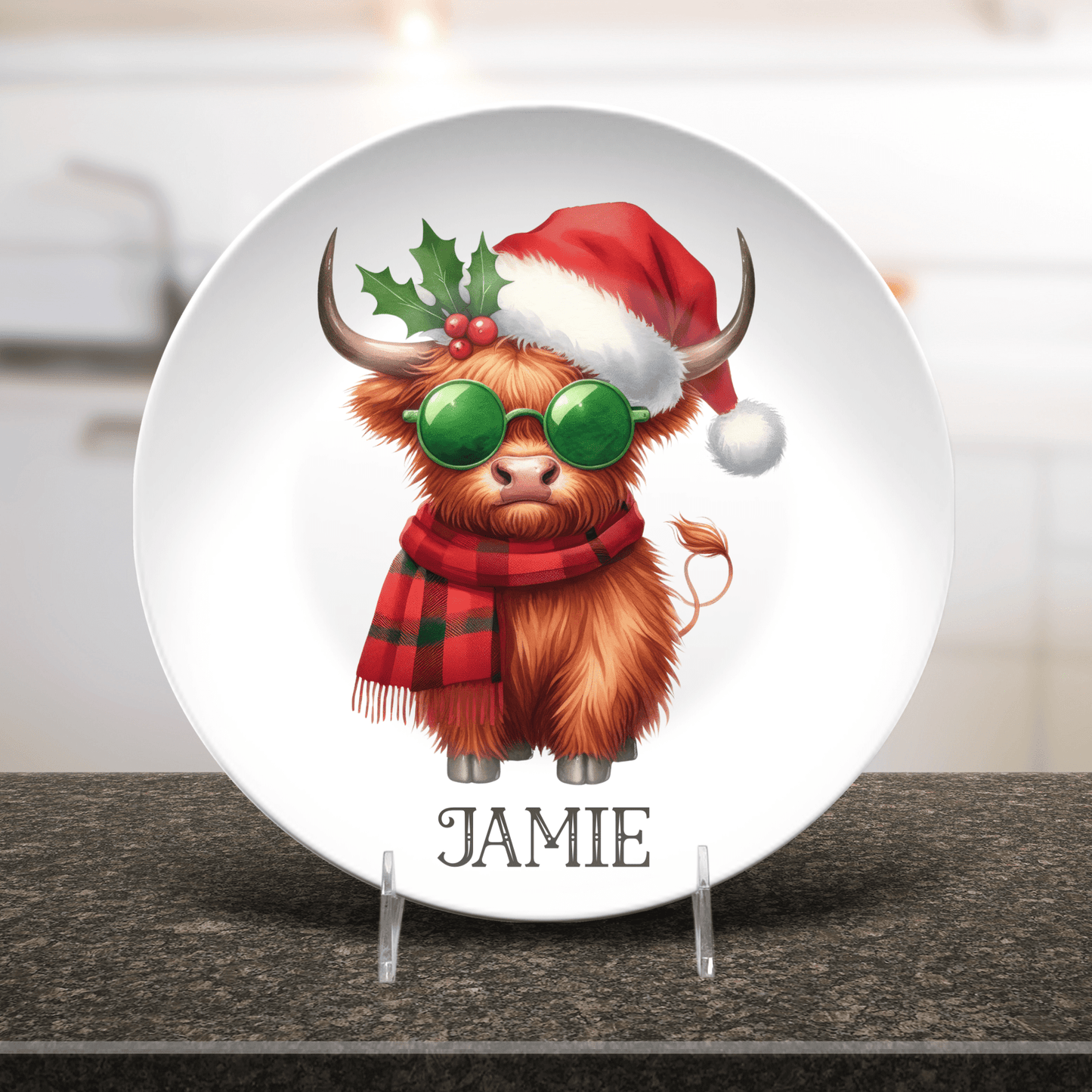 Highland Cow Christmas Plates, Unbreakable DecoPlate Dinnerware Set of 8 Cow Lover Design Xmas Dishes, Farmhouse Holiday Cow Dining Set Gift