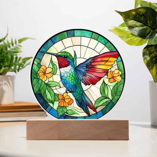 Hummingbird Faux Stained Glass Light Up LED Desk Plaque
