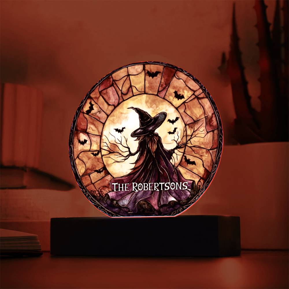 Custom Name Halloween Decoration Light Up Round Acrylic Plaque, Trick or Treat Party Light LED, Jack O Lantern Bats Witch Faux Stained Glass