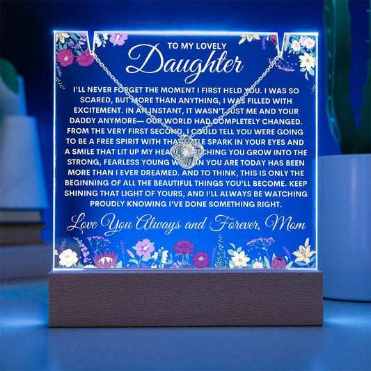 Letter to Daughter Light Up Acrylic Plaque Necklace Bundle, Floral Love Knot Necklace Keepsake Acrylic, Daughter Birthday Night Light Gift