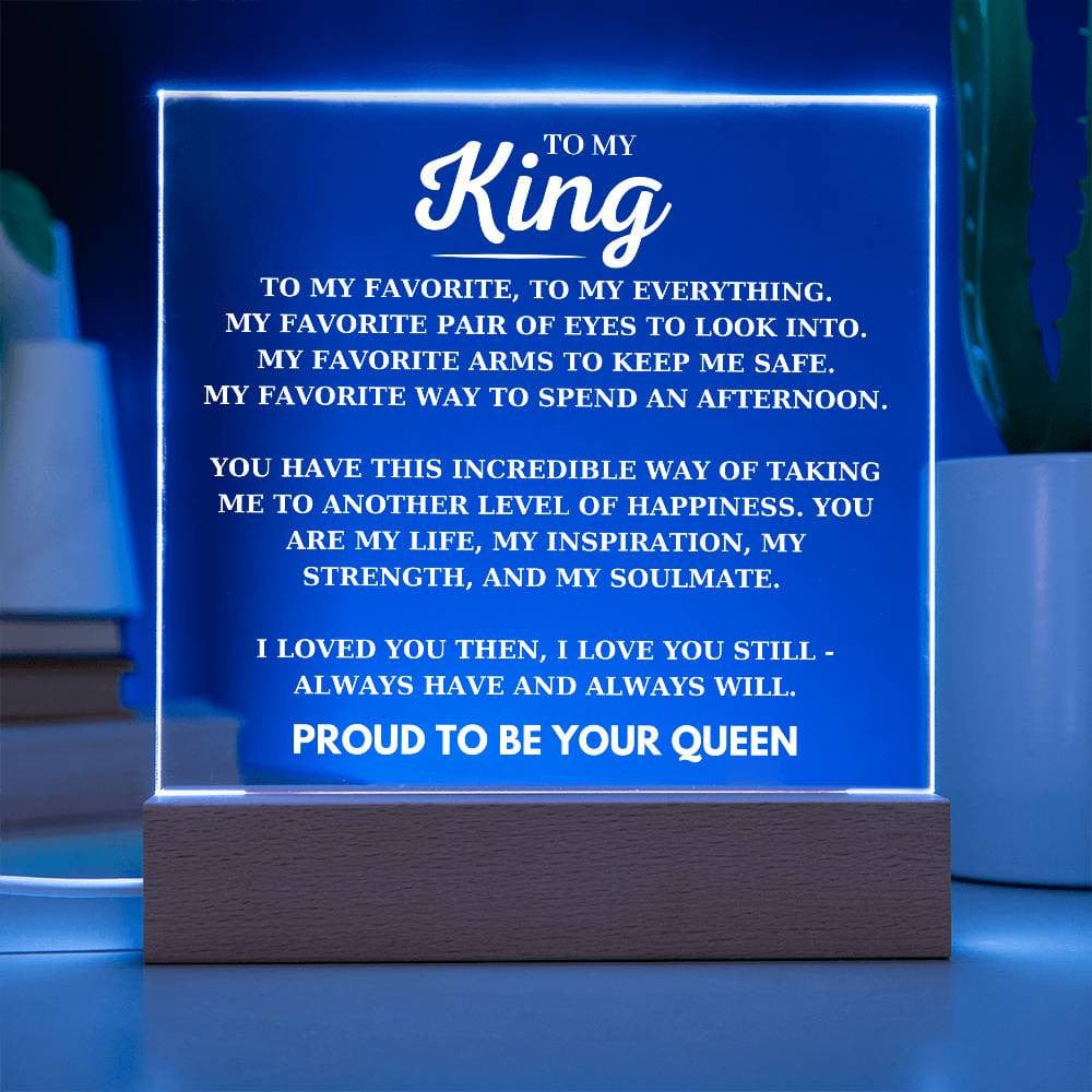 To My King Desk Plaque from Your Proud Queen, Boyfriend Birthday Acrylic Square Plaque, Husband Favorite Person LED Light Up Desk Plaque