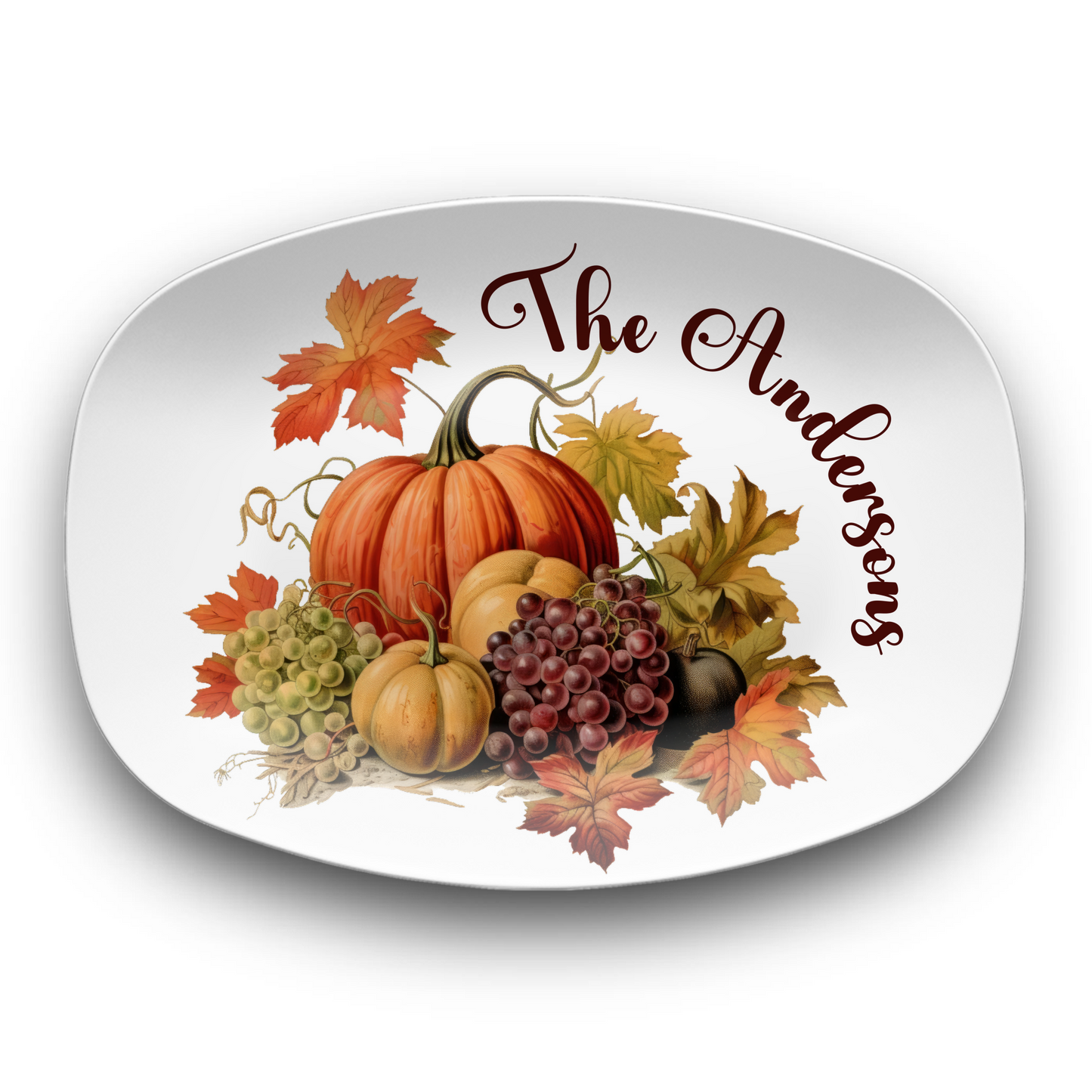 Custom Thanksgiving Platter, Family Tradition Pumpkin Serving Plate, Personalized Fall Harvest Serving Tray 10 x 14" Unbreakable DecoWare