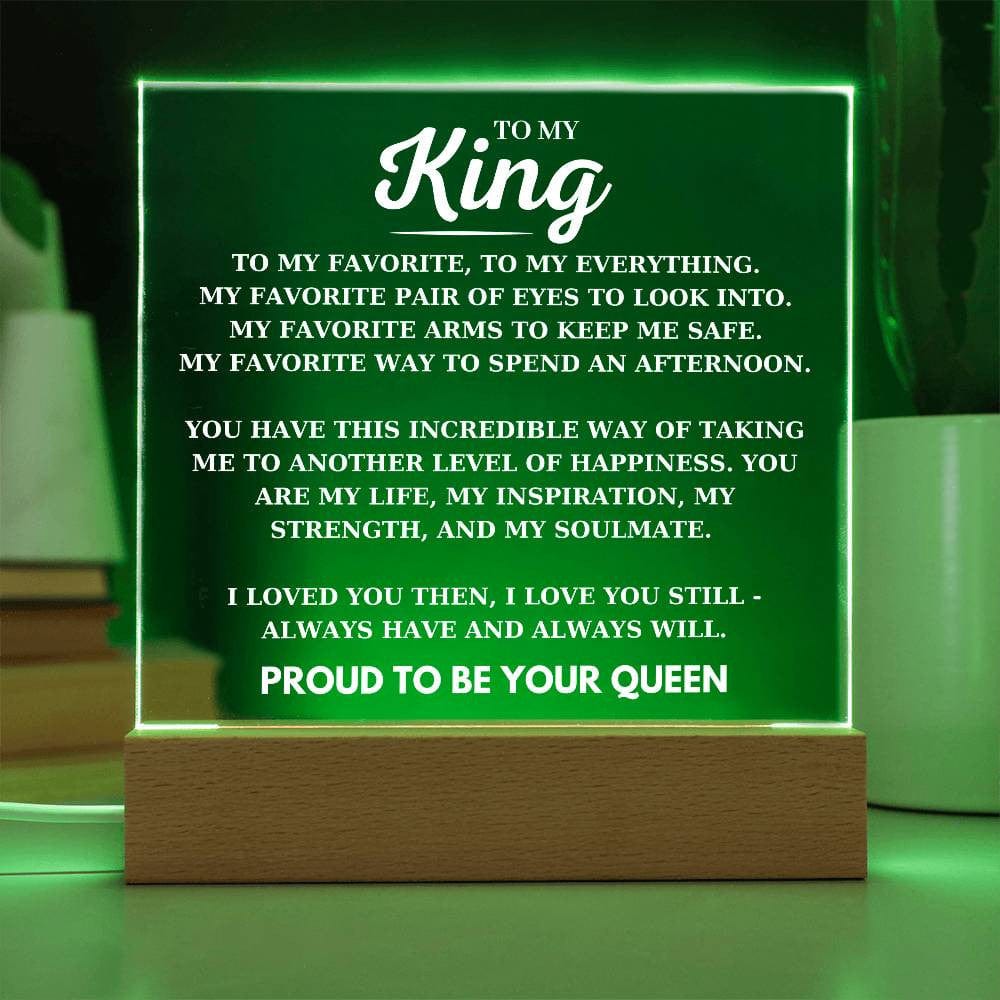 To My King Desk Plaque from Your Proud Queen, Boyfriend Birthday Acrylic Square Plaque, Husband Favorite Person LED Light Up Desk Plaque