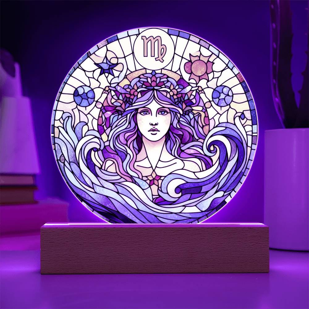 Zodiac Sign Night Light – LED Zodiac Plaque | Faux Stained Glass Art, Cosmic Ambient Light