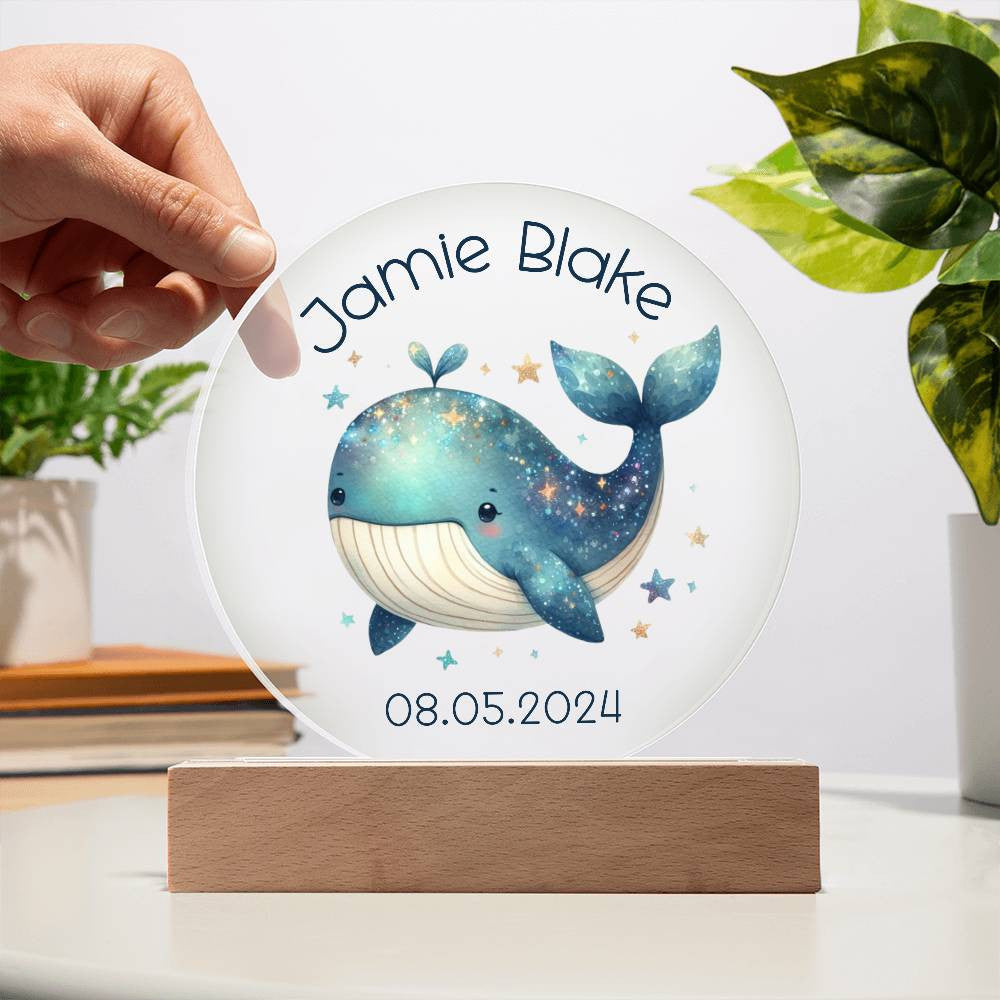 Custom Whale Acrylic Circle LED Plaque Nightlight for Baby's Nursery, Personalized Name Birthday Toddler Light Up Ocean Baby Room Decor