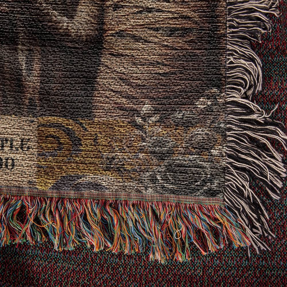 Gothic Halloween Blanket - Deady Mummy Little Boo Spooky Woven Cotton Throw with a zombie dad mummy mom and child mummy zombie in a vintage gold frame with dead flowers in the corners