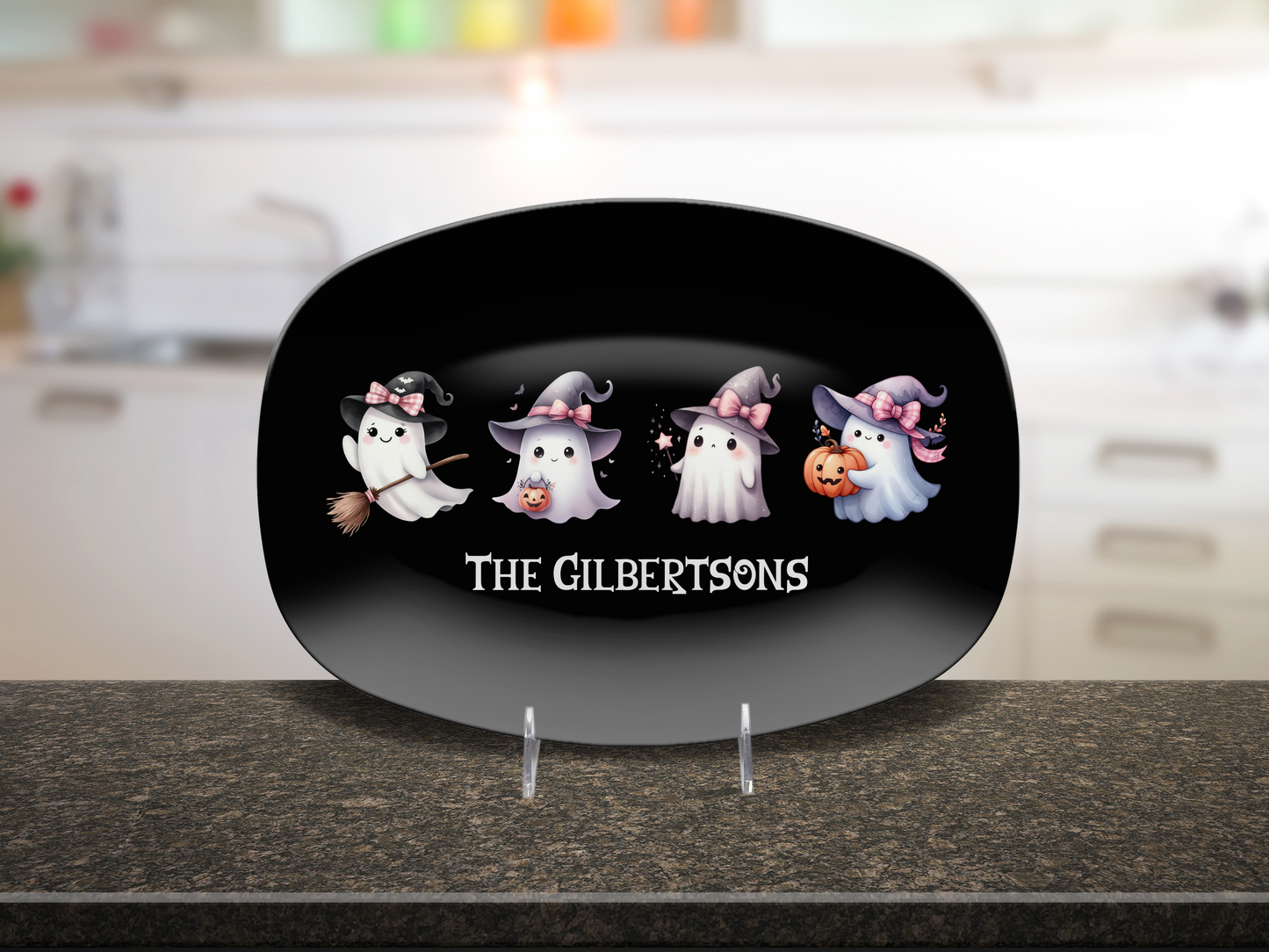 Custom Halloween Platter Family Name, Cute Coquette Ghosts, Personalized Candy Plate, Trick or Treat Unique Unbreakable Gift Tray 10 x 14"