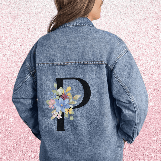 Bridesmaid Custom Initial Jean Jacket, Wedding Day Denim Jacket Bridal Party Gift, Honeymoon Outfit Wife, Personalized Floral Bride Monogram