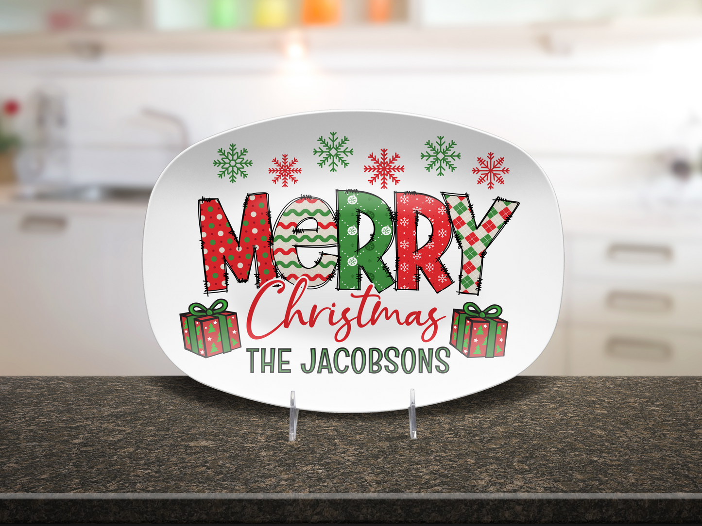 Custom Merry Christmas Platter, Festive Holiday Christmas Kitchen Tray, Personalized Family Name Xmas Plate, Unbreakable BPA-Free 10 x 14"