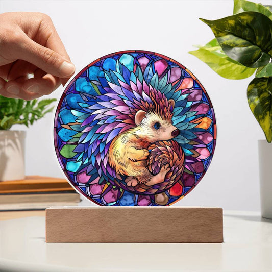 Hedgehog Round LED Acrylic Plaque - Faux Stained Glass Night Light