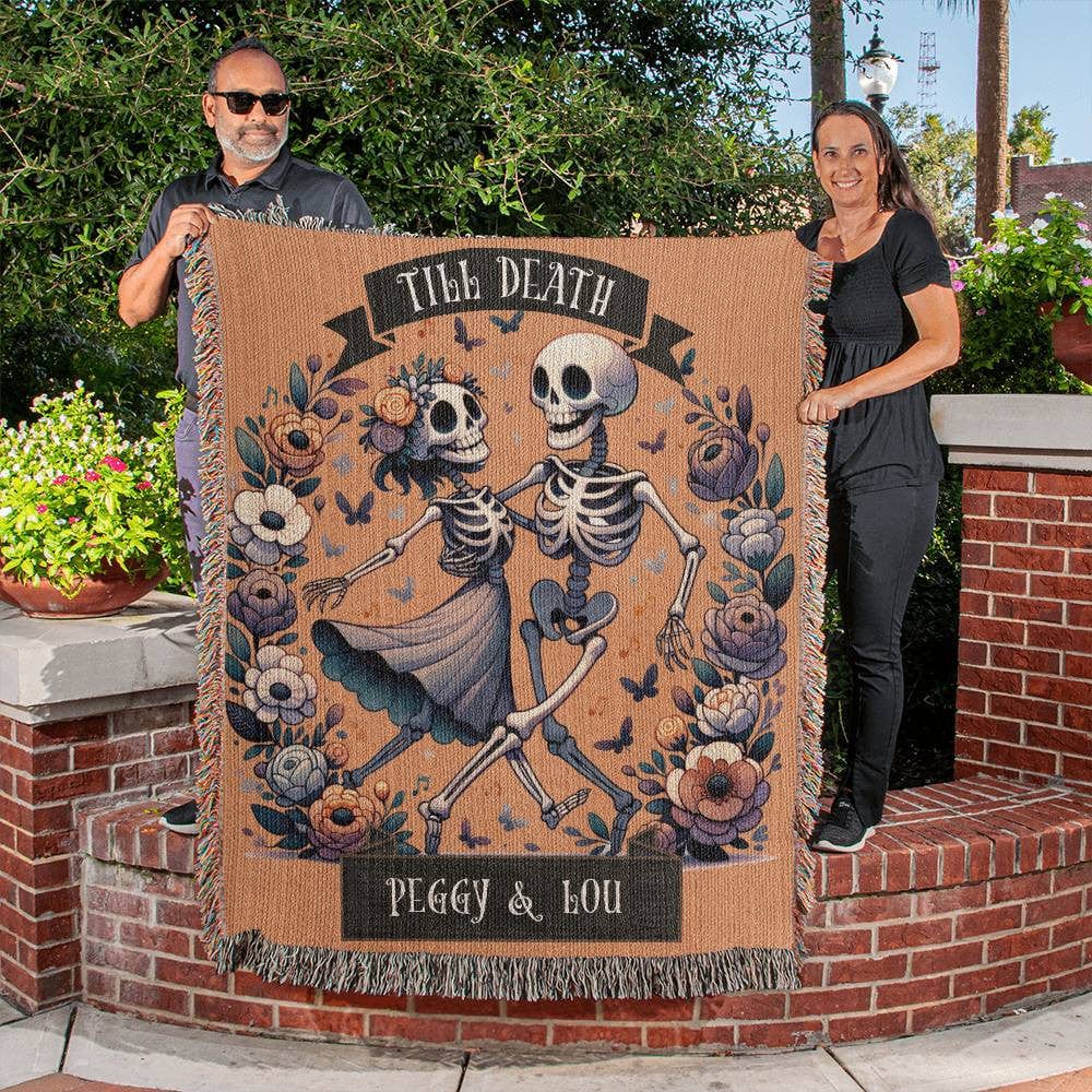 Custom Halloween Till Death Skeleton Cottage Core Heirloom Woven Blanket