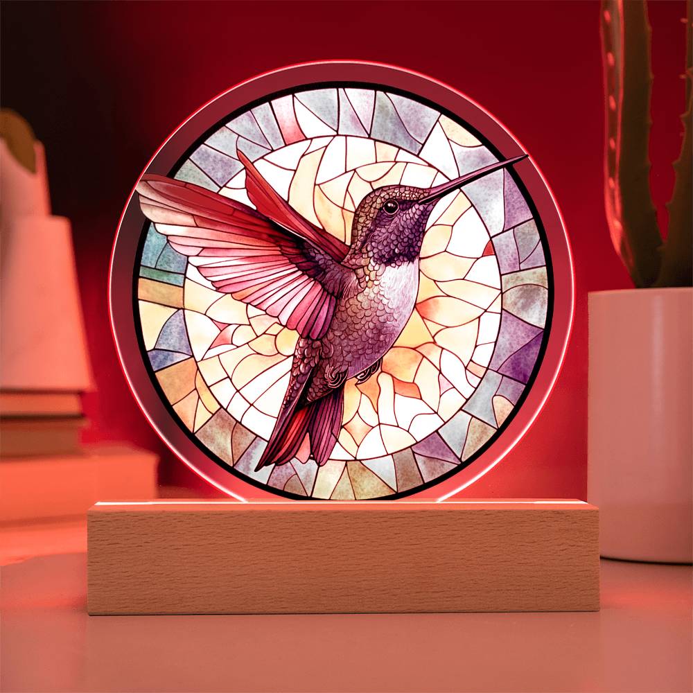 Hummingbird LED Plaque - Faux Stained Glass Acrylic Light with Soft Glow
