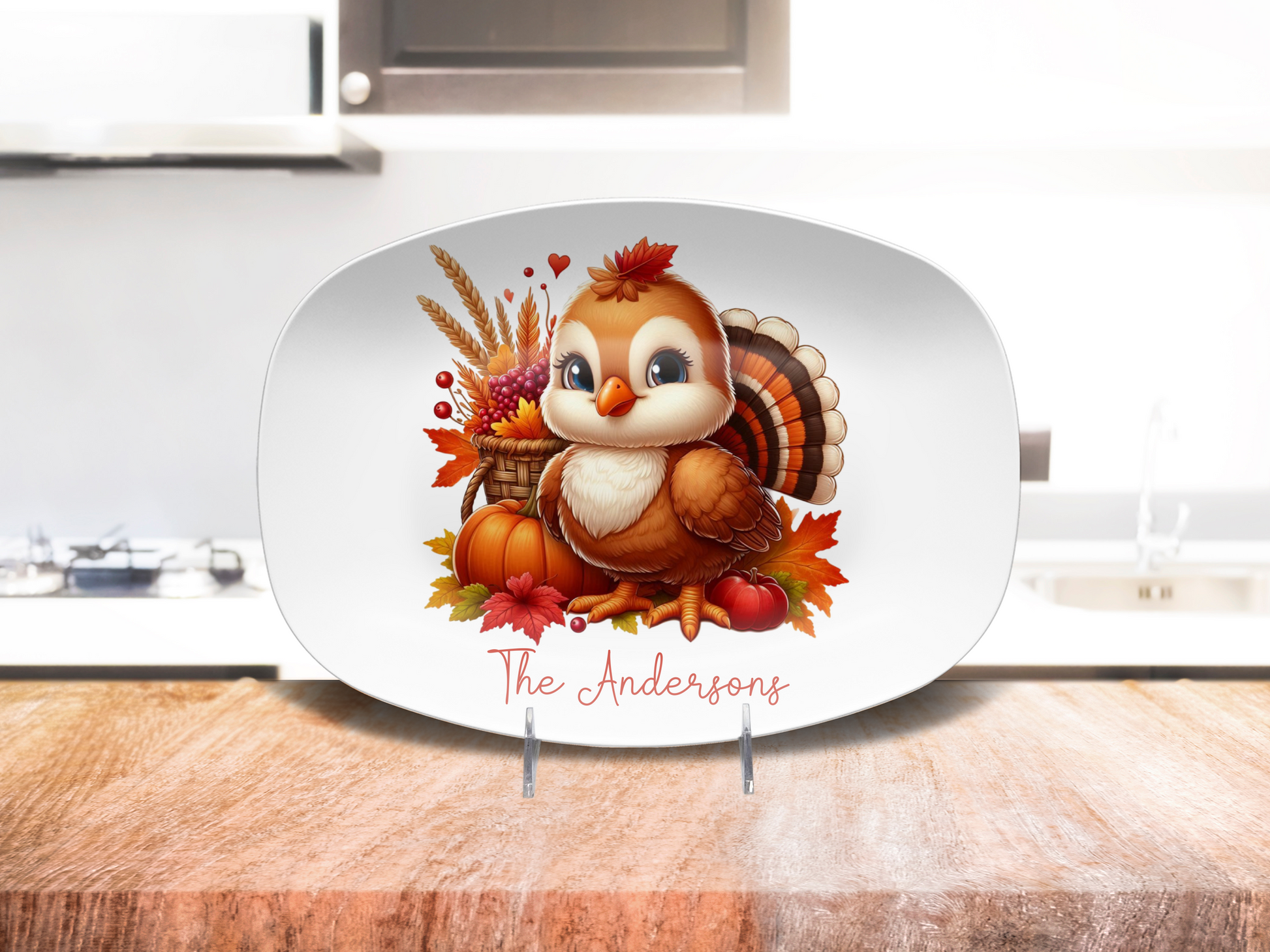 Custom Thanksgiving Turkey Platter, Cute Turkey Family Serving Plate, Personalized Fall Harvest Serving Tray 10 x 14" Unbreakable DecoWare