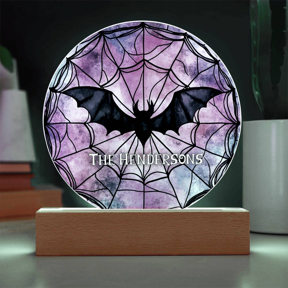 Custom Name Halloween Decoration Light Up Round Acrylic Plaque, Goth Party Light LED, Skull Haunted House Bats Witch Faux Stained Glass