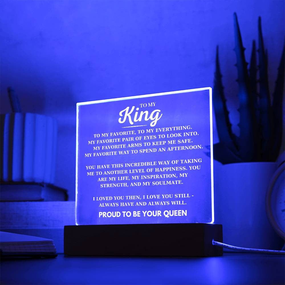 To My King Desk Plaque from Your Proud Queen, Boyfriend Birthday Acrylic Square Plaque, Husband Favorite Person LED Light Up Desk Plaque