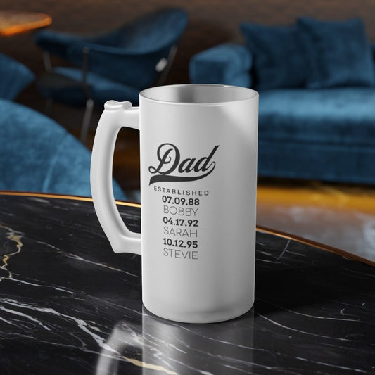 Father's Day Custom Frosted Glass Beer Mug Children's Names Birthdays - Our Hero Dad Beer Stein 