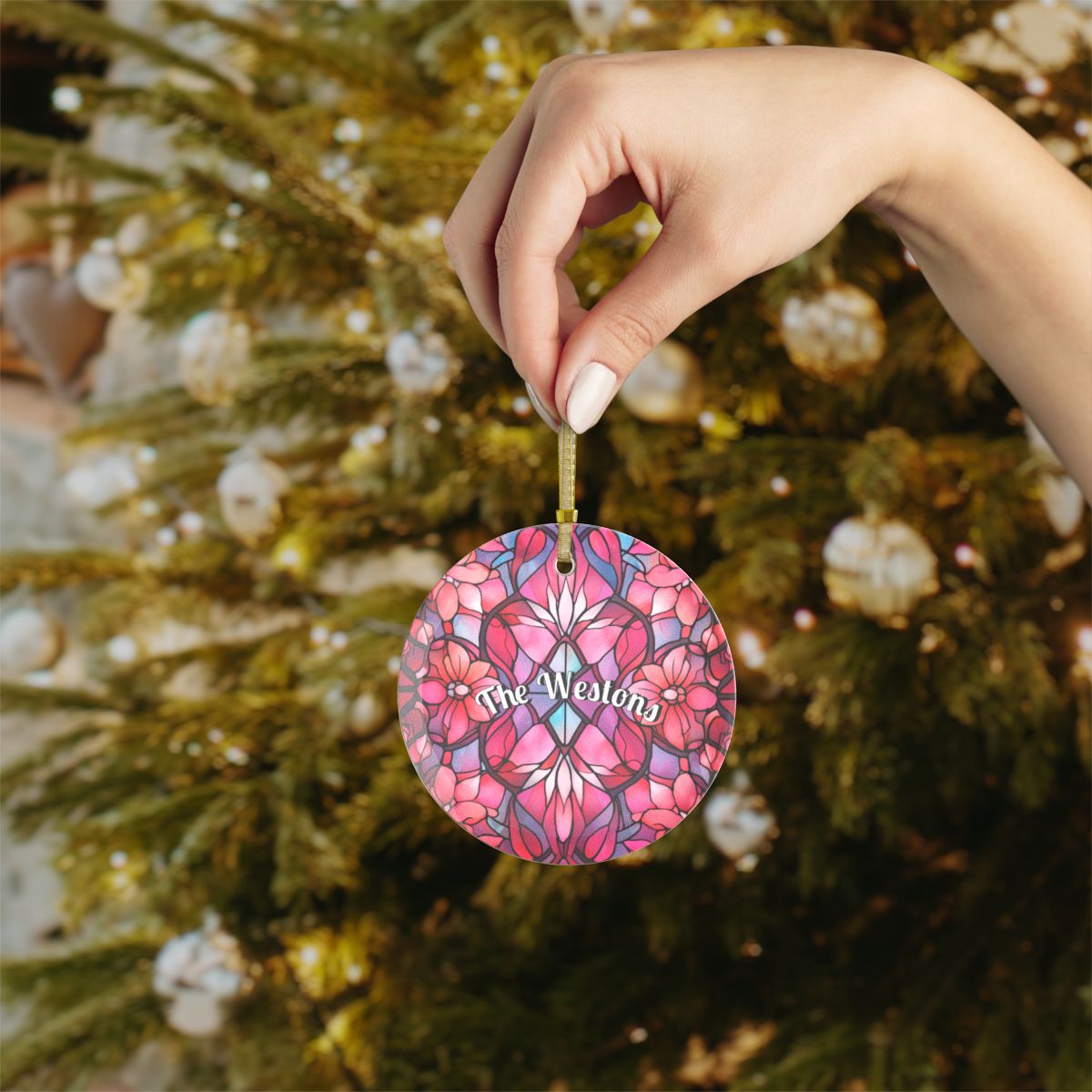 Personalized Pink Christmas Faux Stained Glass Ornaments, Custom Name Holiday Tree Decor, Pastel Pink Mandala Tree Ornament Stocking Stuffer