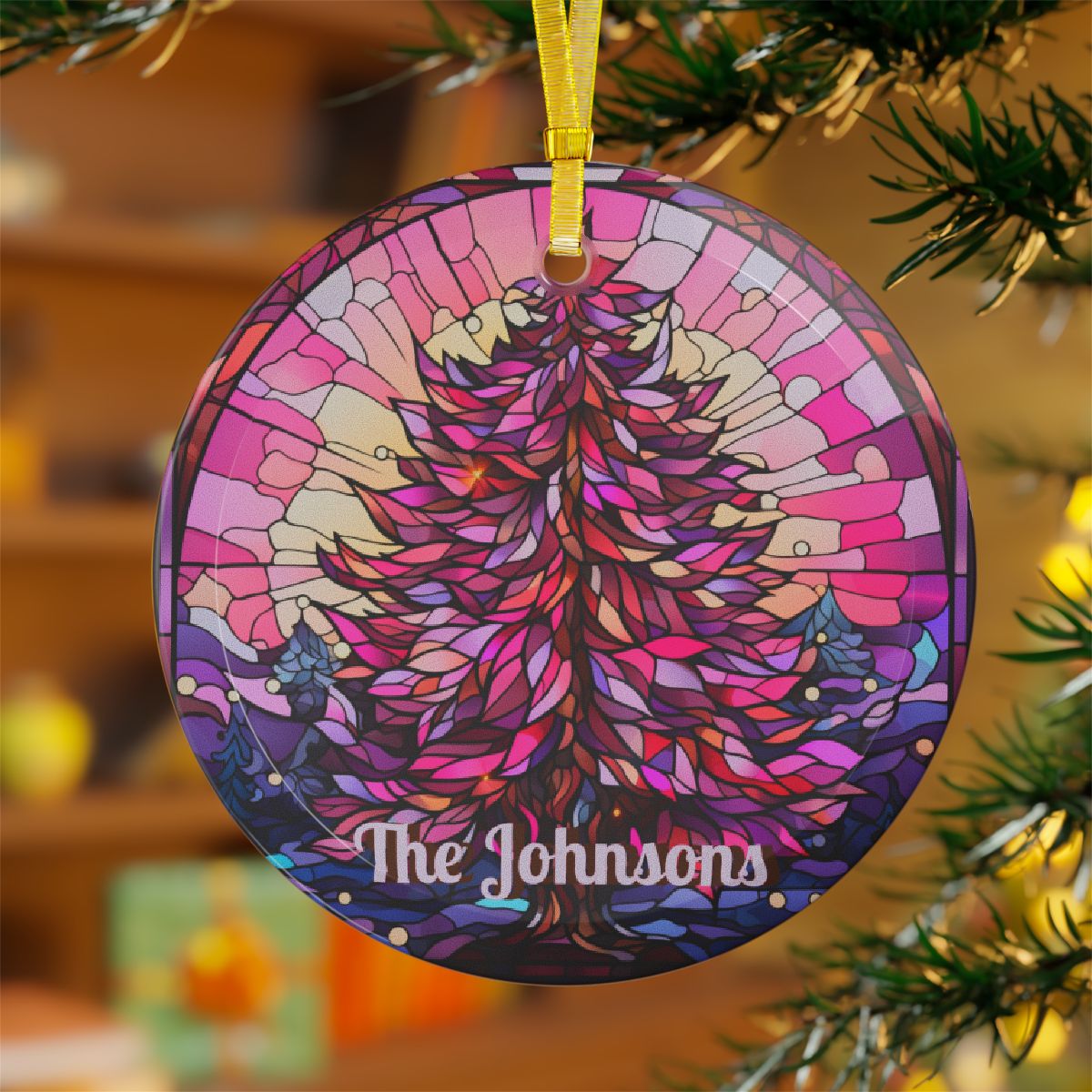 Personalized Pink Christmas Faux Stained Glass Ornaments, Custom Name Holiday Tree Decor, Pastel Pink Mandala Tree Ornament Stocking Stuffer