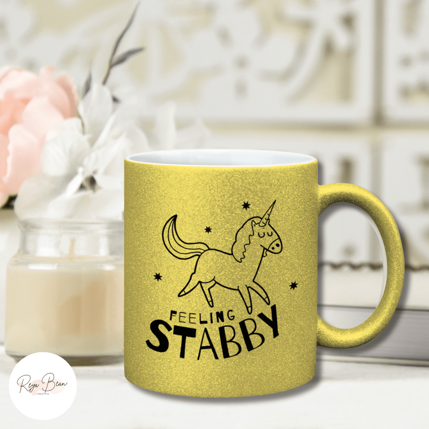 Glitter Unicorn Mug Feeling Stabby, Funny 11oz Ceramic Sparkling Coffee Mug, Unicorn Lover Gift for Her, Sparkly Hand Wash Tea Mug