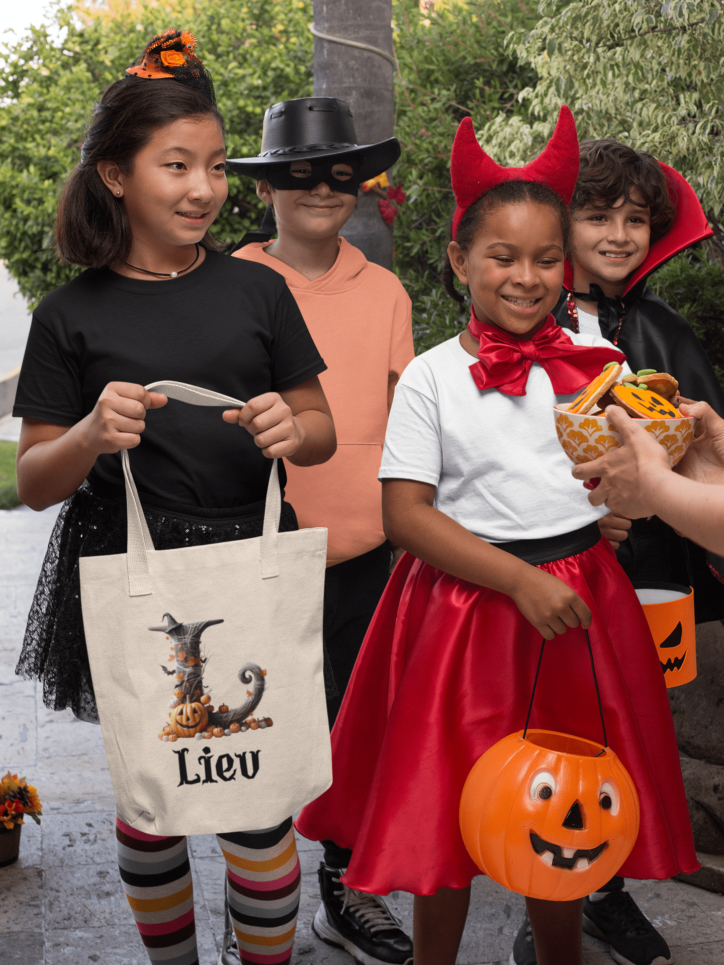 Halloween Custom Name Cotton Trick-or-Treat Tote Bag for Kids, Happy Halloween Personalized Creepy Trick or Treat Custom Candy Bag