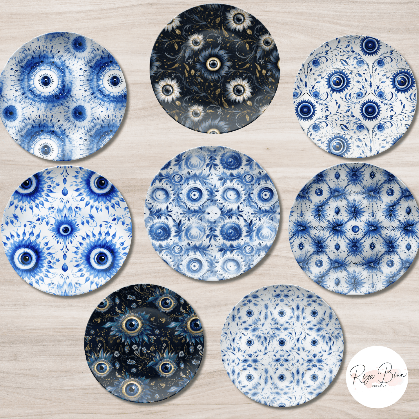 Evil Eye Housewarming Party Plates Gift, Blue White Eyeballs Unbreakable Set of 8 Plates, Quirky Hostess Gift Made in the USA Dinnerware,