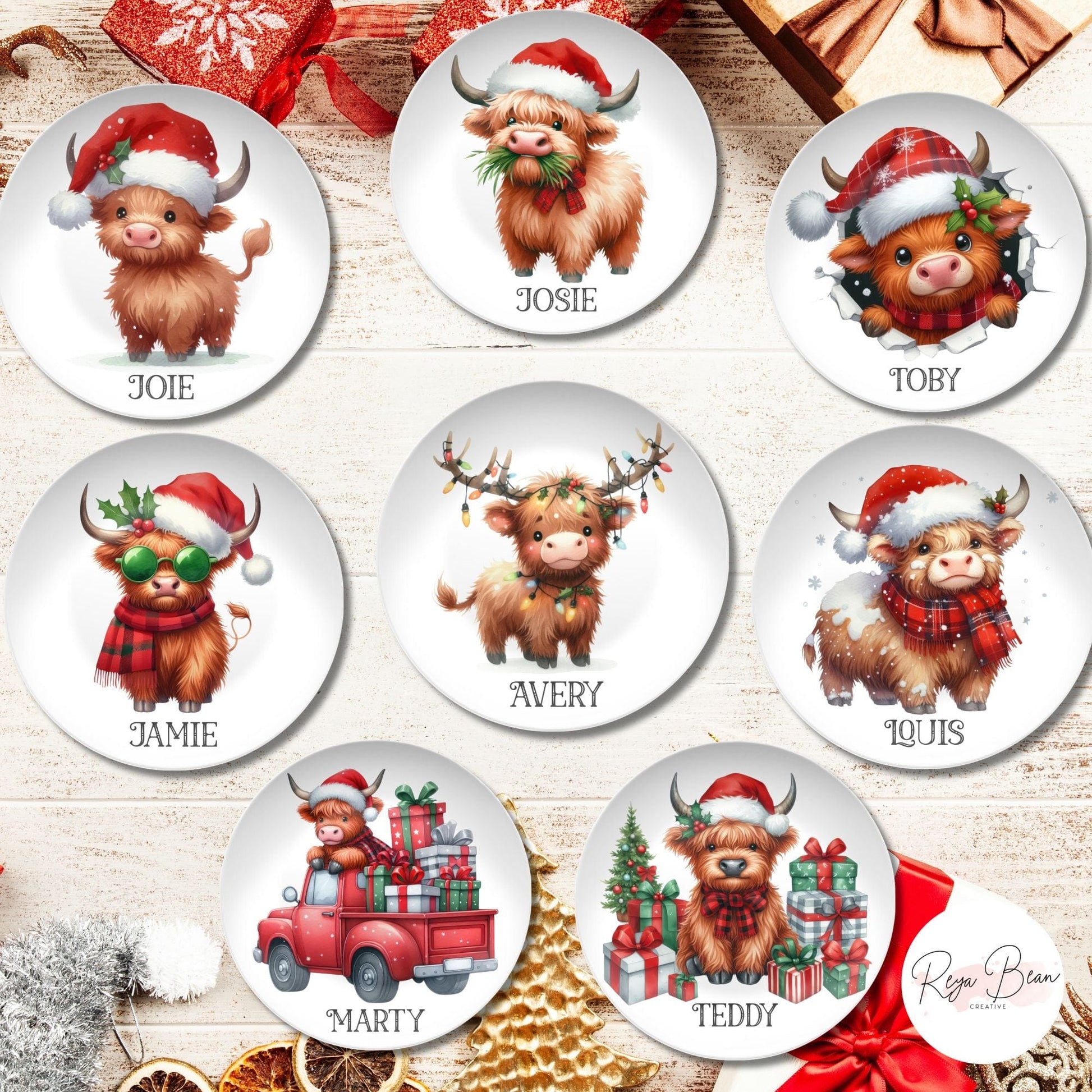 Highland Cow Christmas Plates Unbreakable DecoPlate Dinnerware - Set of 8