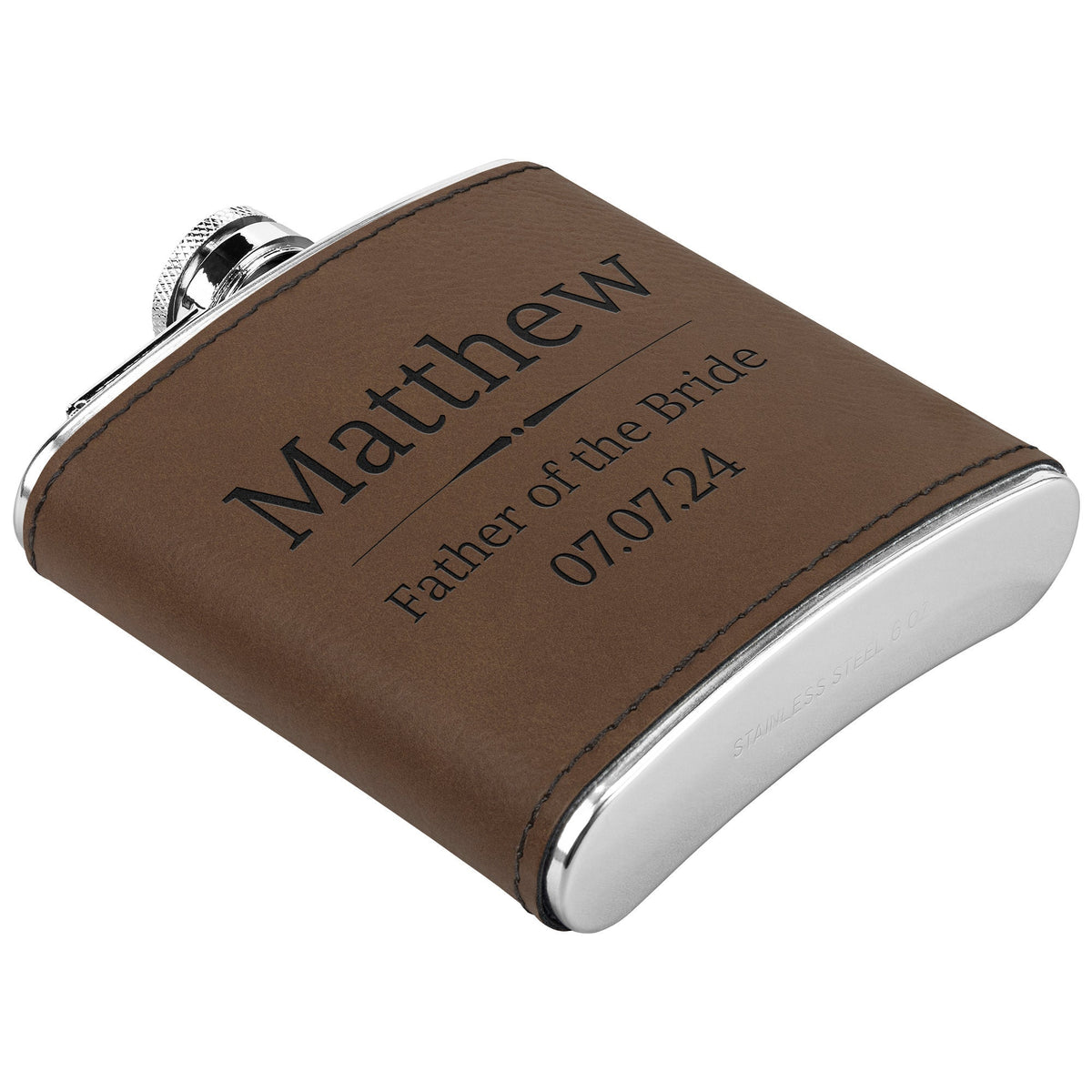 Custom Groomsmen Flask - Leather Wrapped, Stainless Steel 6oz