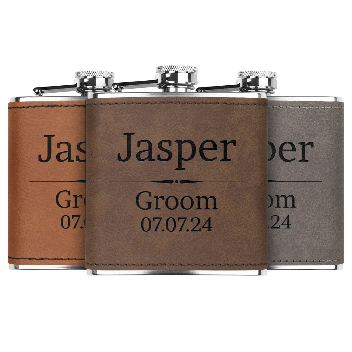 Custom Groomsmen Flask - Leather Wrapped, Stainless Steel 6oz