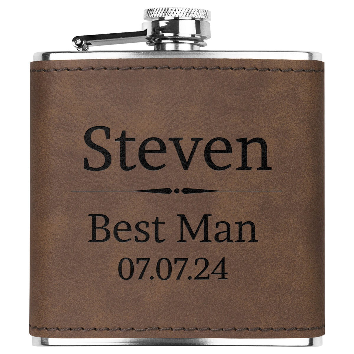 Custom Groomsmen Flask - Leather Wrapped, Stainless Steel 6oz