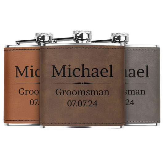 Custom Groomsmen Flask - Leather Wrapped, Stainless Steel 6oz