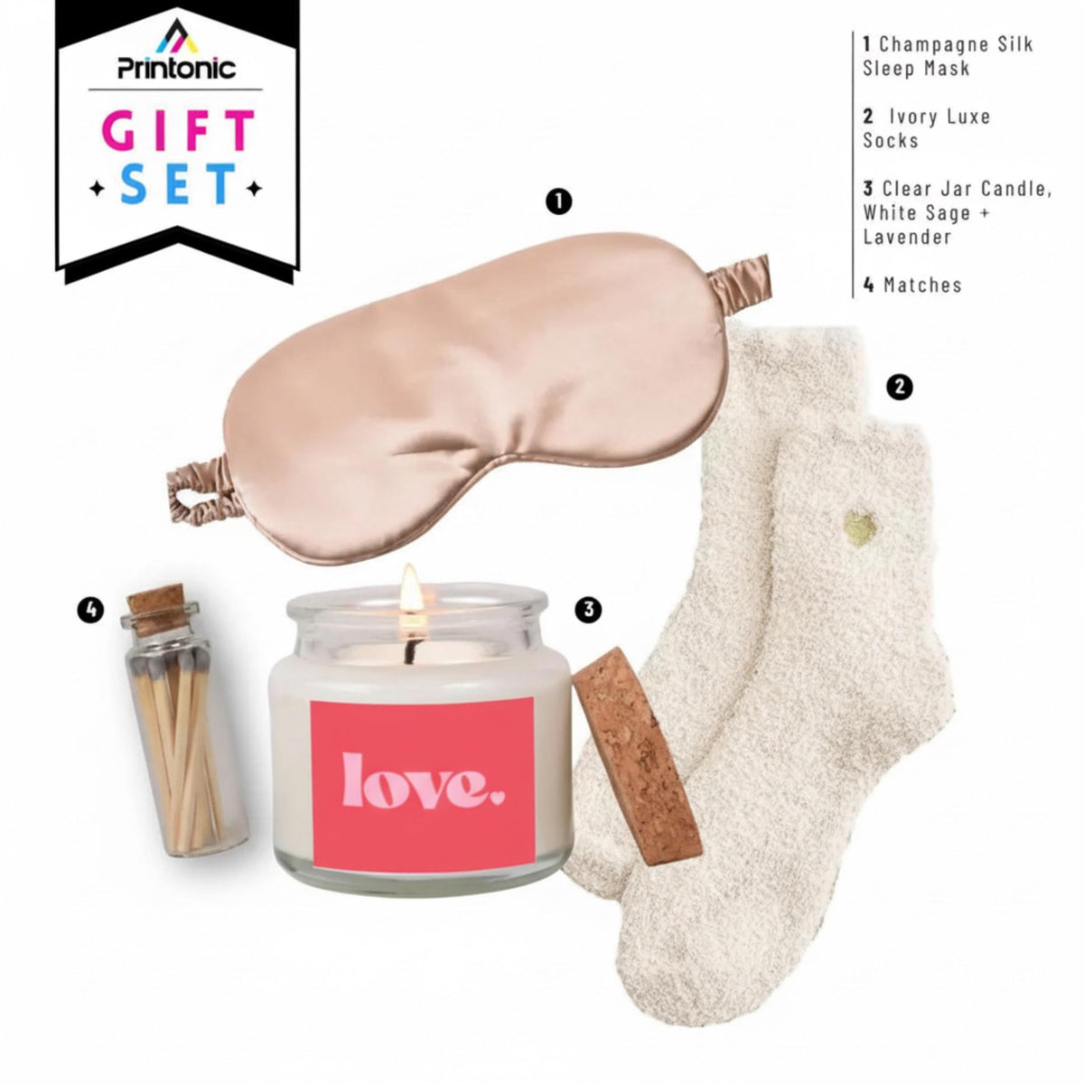 Valentine’s Relaxation Set: Champagne Satin Mask & Soy Candle - Plush Socks Included