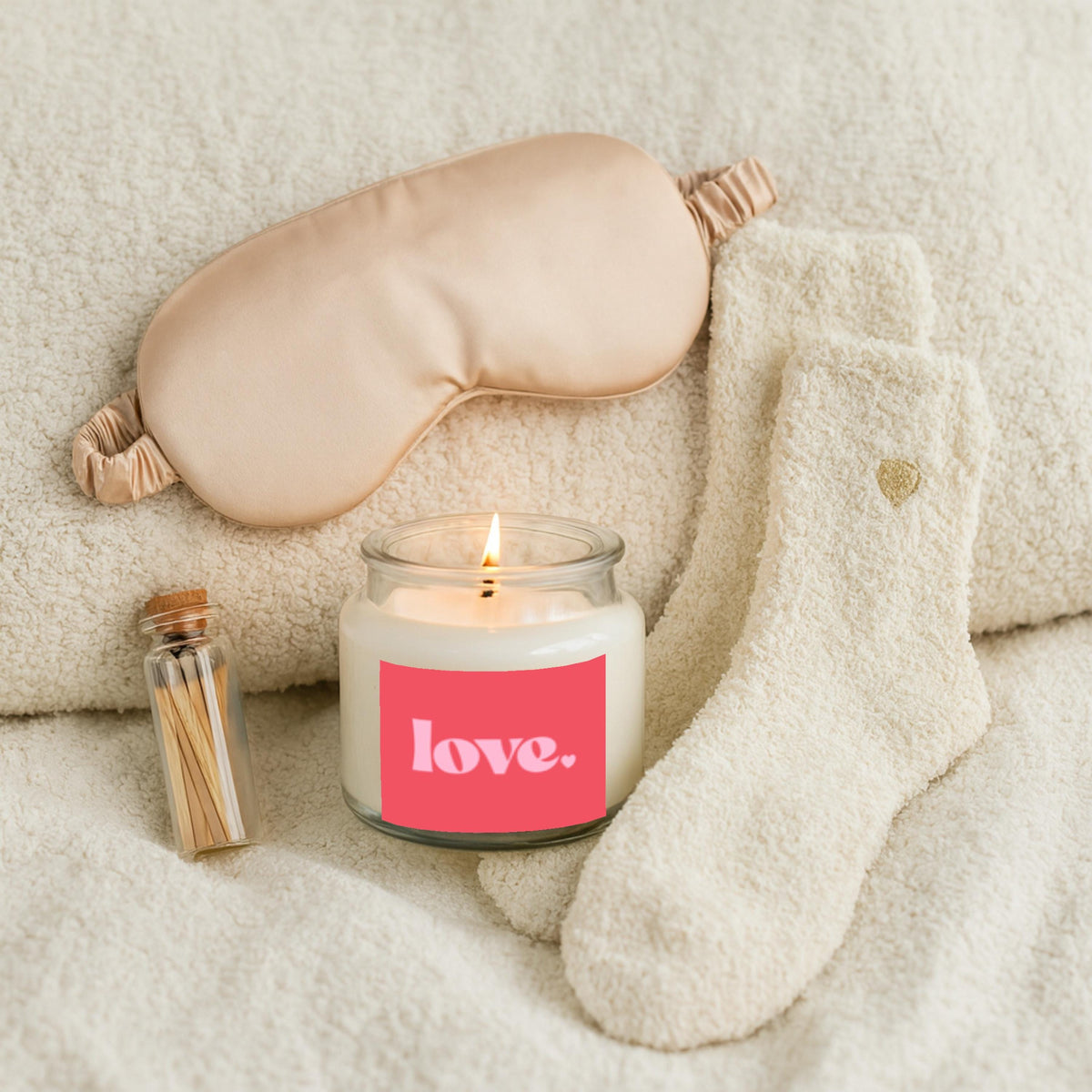 Sleep Mask & Candle Set: Champagne Satin, Plush Socks - Relaxing Spa Kit