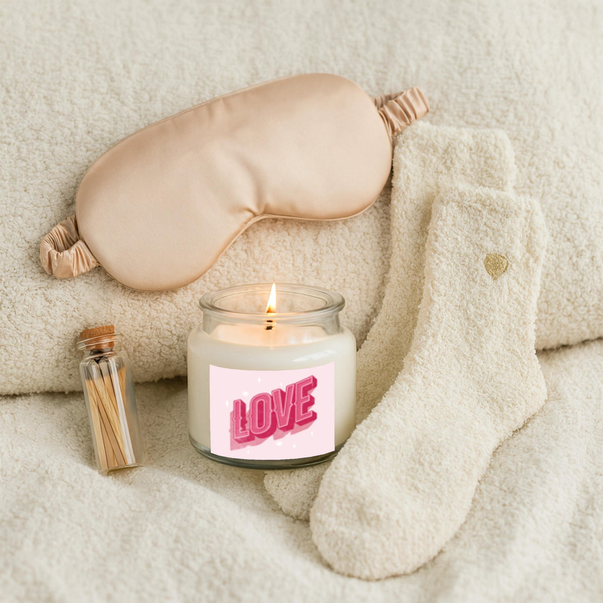 Cozy Valentine’s Gift Set: Satin Sleep Mask, Plush Socks, Candle