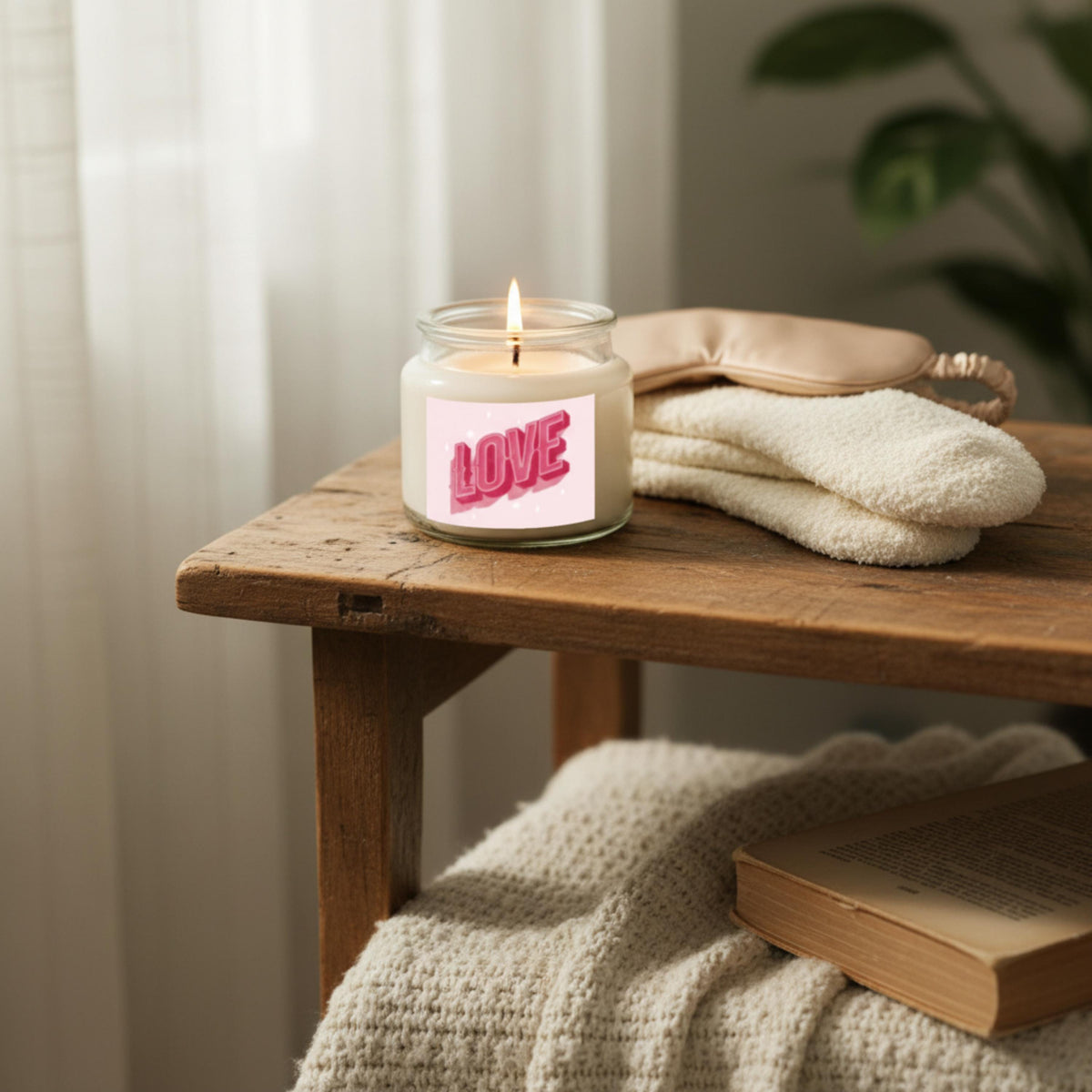 Cozy Valentine’s Gift Set: Satin Sleep Mask, Plush Socks, Candle