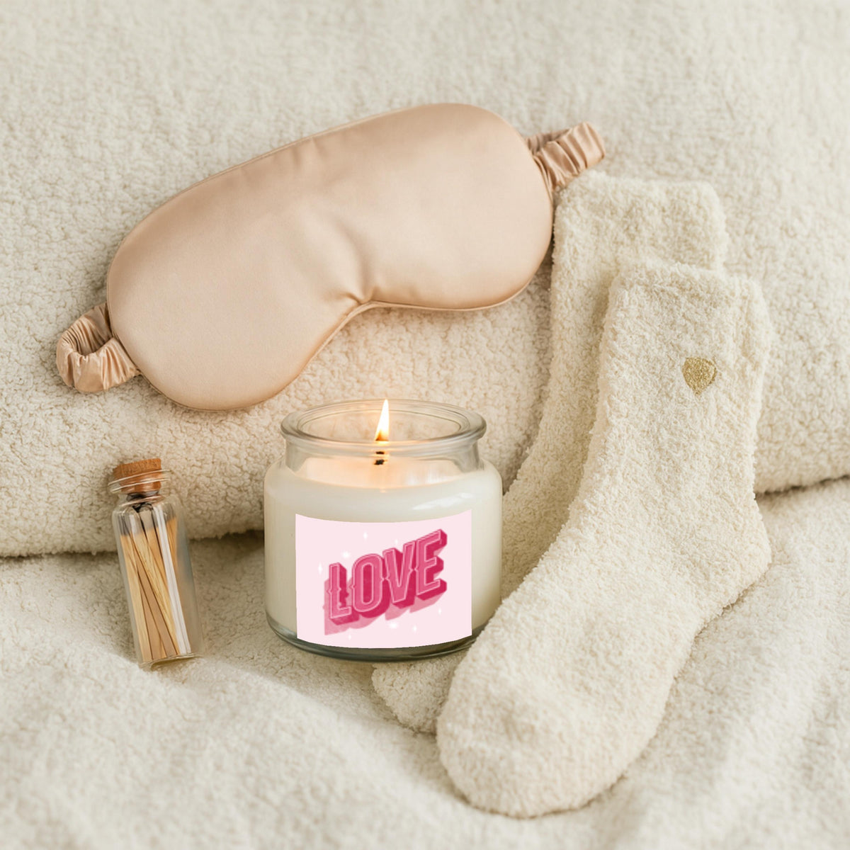 Cozy Valentine’s Gift Set: Satin Sleep Mask, Plush Socks, Candle