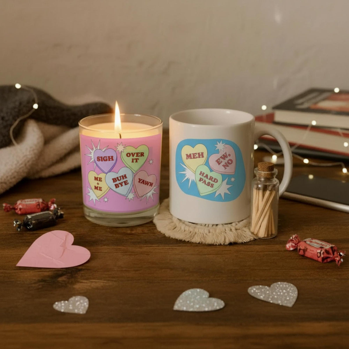 Anti-Valentine’s Day Candle & Mug Set, Snarky Candy Hearts (Sassy Self-Love)