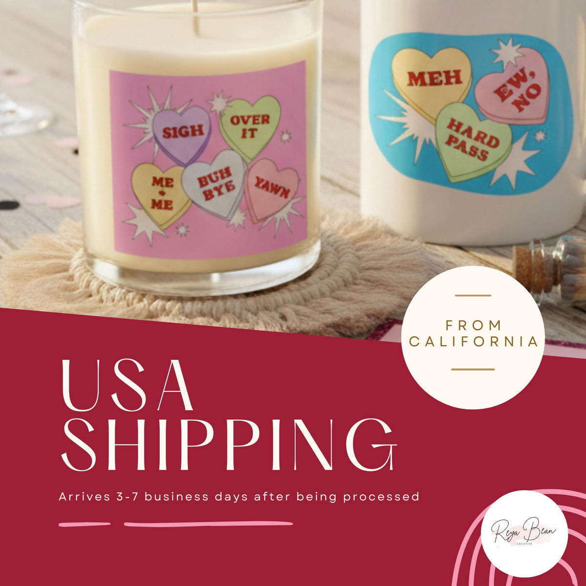 Anti-Valentine’s Day Candle & Mug Set, Snarky Candy Hearts (Sassy Self-Love)