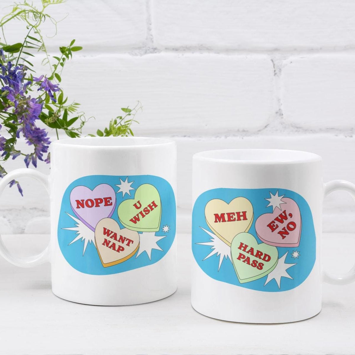 Anti-Valentine’s Day Candle & Mug Set, Snarky Candy Hearts (Sassy Self-Love)