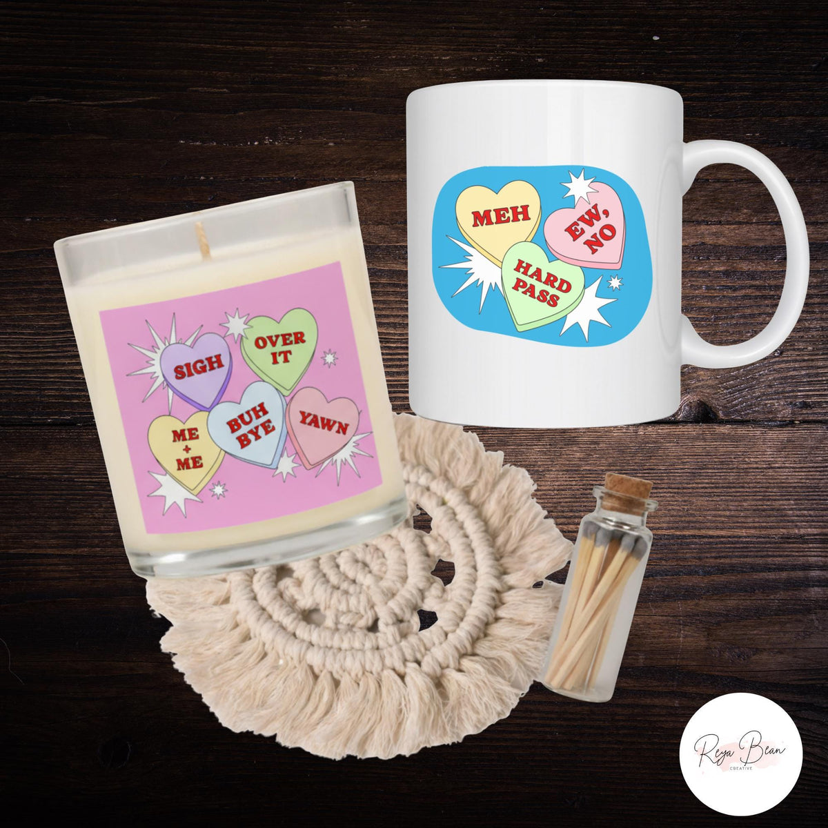 Anti-Valentine’s Day Candle & Mug Set, Snarky Candy Hearts (Sassy Self-Love)