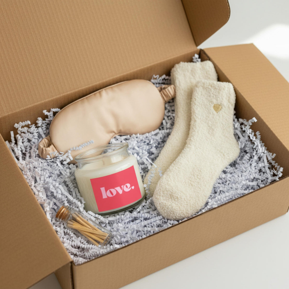 Sleep Mask & Candle Set: Champagne Satin, Plush Socks - Relaxing Spa Kit
