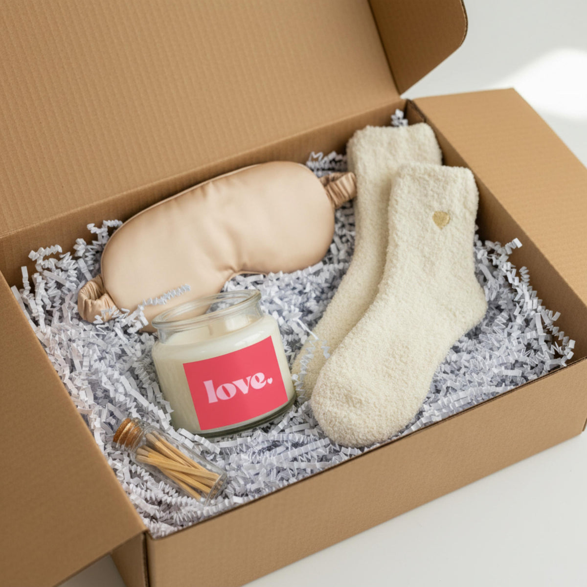 Valentine’s Relaxation Set: Champagne Satin Mask & Soy Candle - Plush Socks Included
