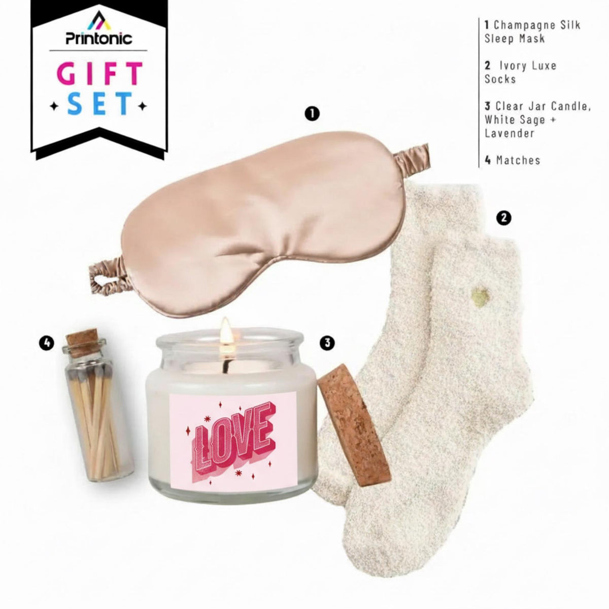 Satin Sleep Mask & Cozy Socks Set - Lavender Candle and Matches Included